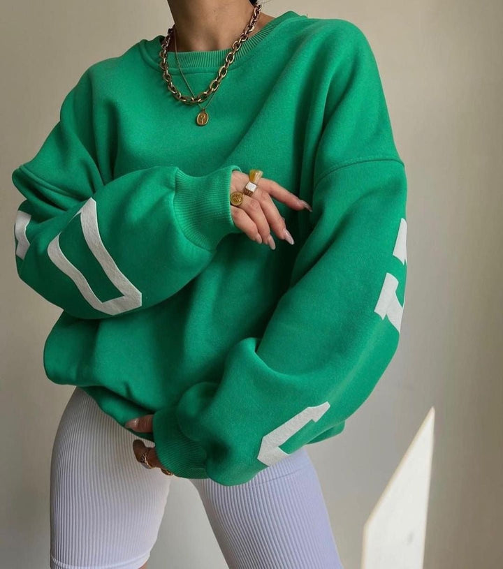 Dames Oversized Fleece Crewneck Sweater Varsity Mouwen - Green