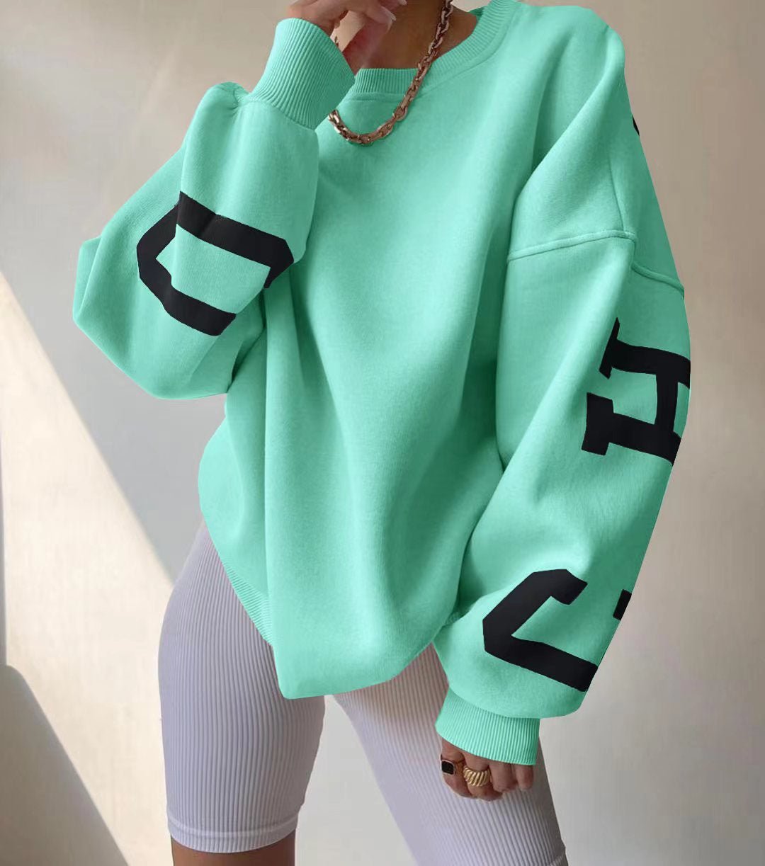 Dames Oversized Fleece Crewneck Sweater Varsity Mouwen - Mint Green