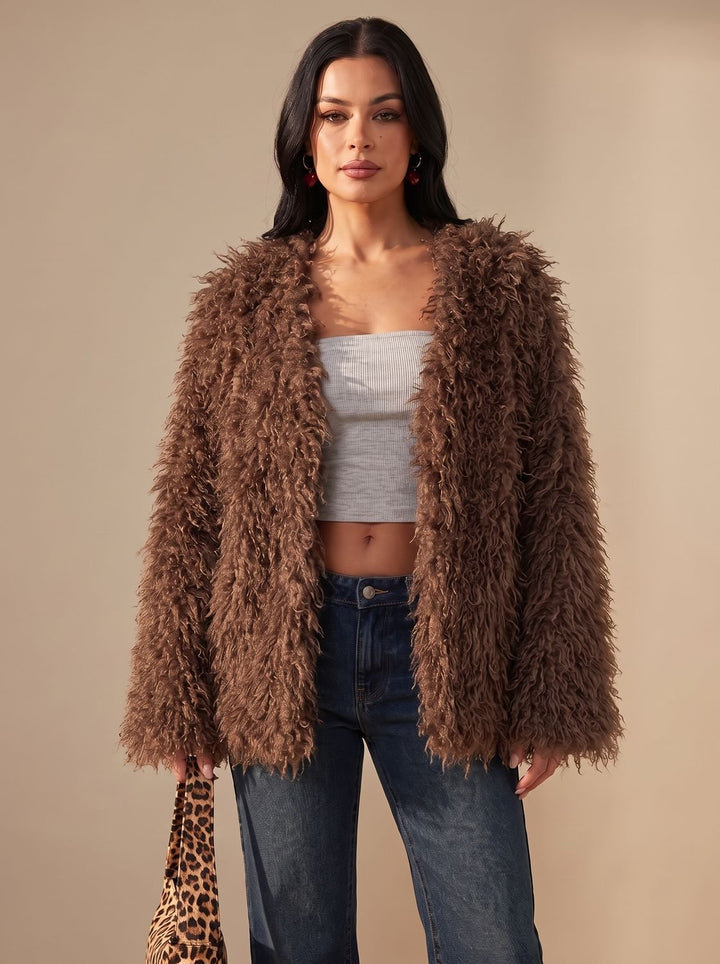 Dames Oversized Fluffy Imitatiebont Jacket Teddy - Bruin
