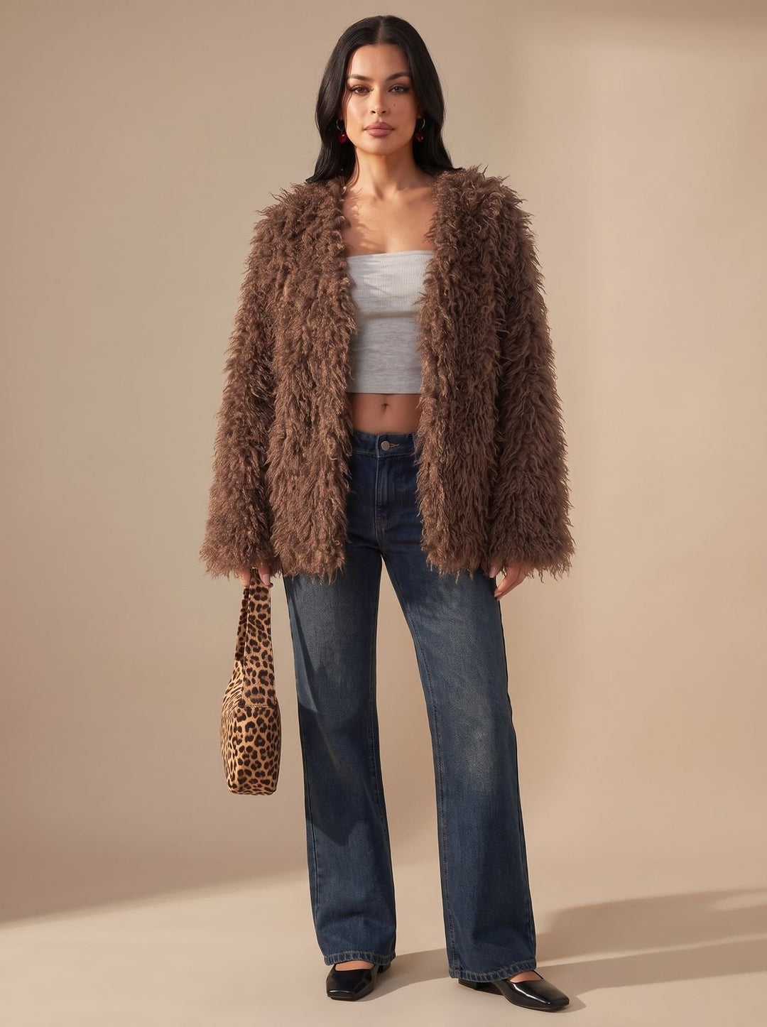 Dames Oversized Fluffy Imitatiebont Jacket Teddy