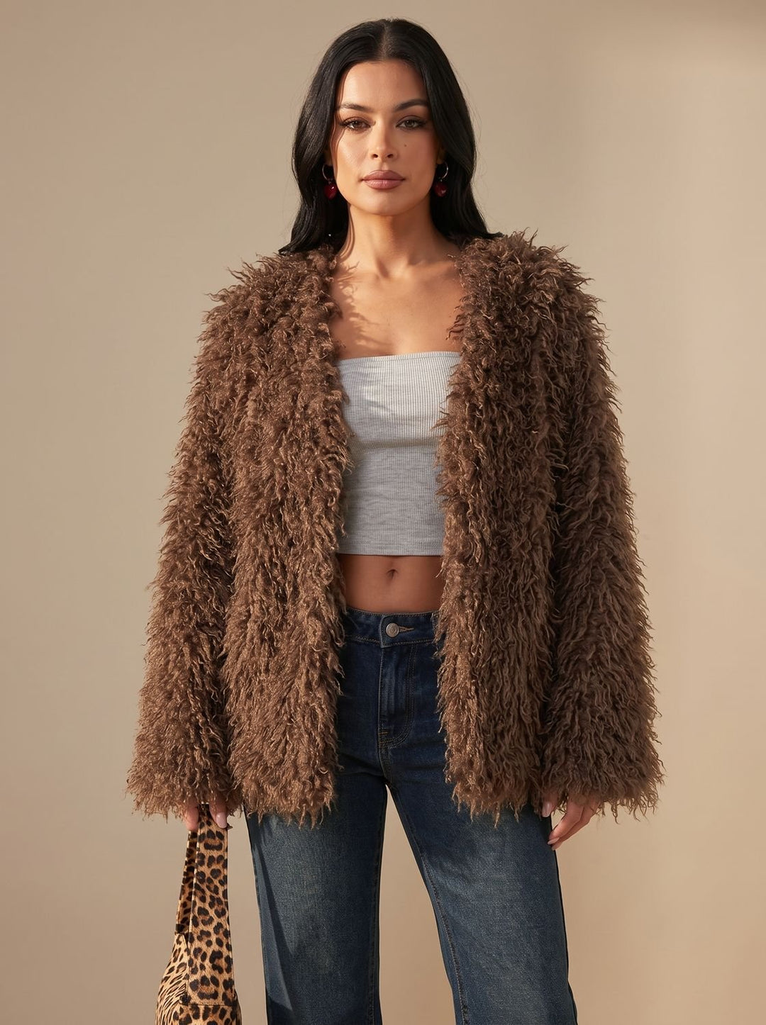 Dames Oversized Fluffy Imitatiebont Jacket Teddy