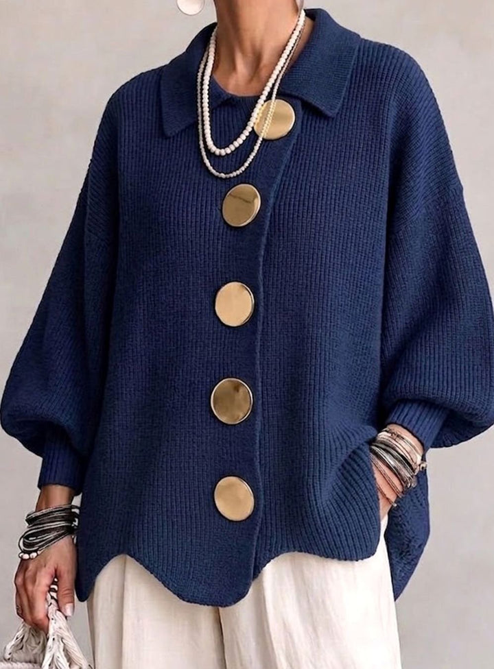 Dames Oversized Gebreide Cardigan Gouden Knopen Lantaarnmouwen - Marineblauw