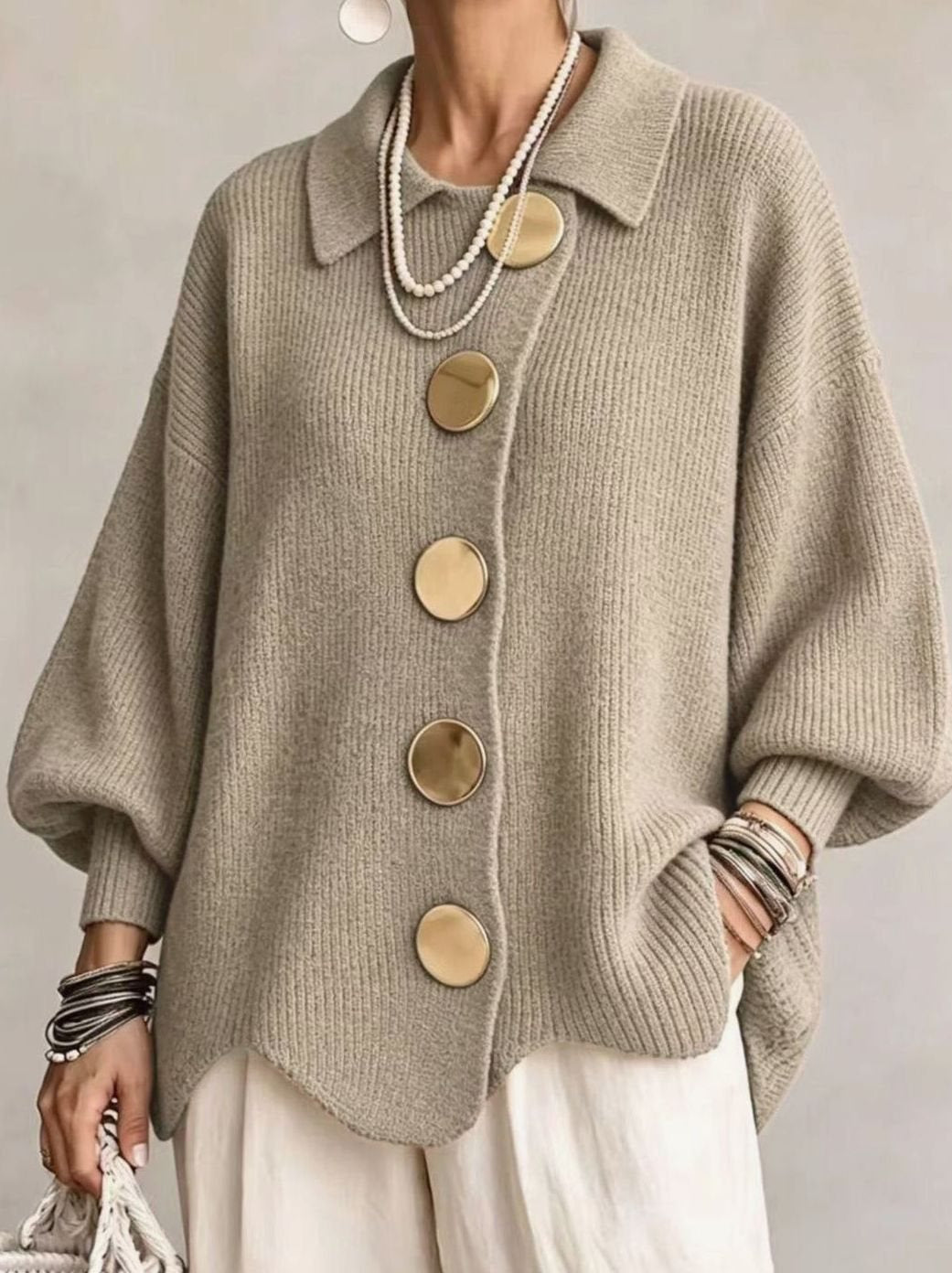 Dames Oversized Gebreide Cardigan Gouden Knopen Lantaarnmouwen - Khaki