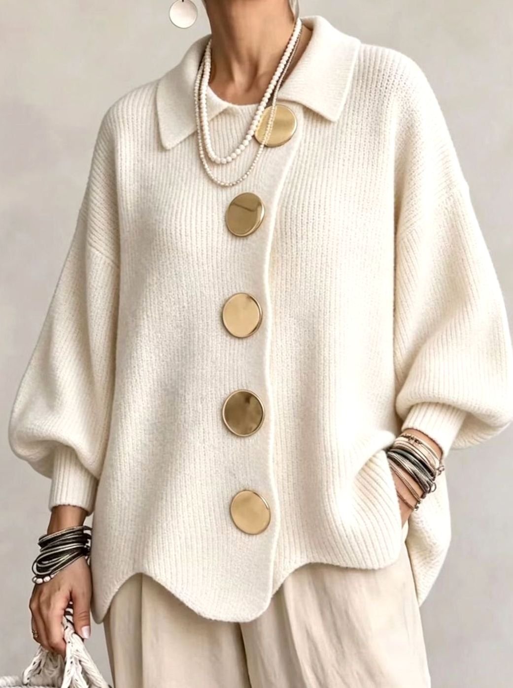 Dames Oversized Gebreide Cardigan Gouden Knopen Lantaarnmouwen - Ivoor