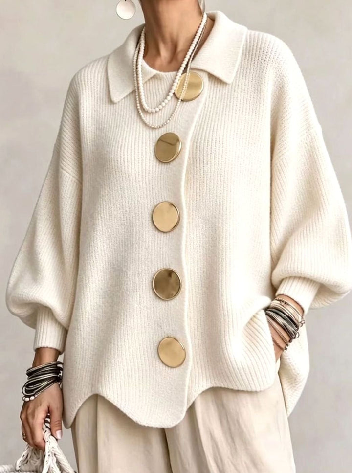 Dames Oversized Gebreide Cardigan Gouden Knopen Lantaarnmouwen - Ivoor