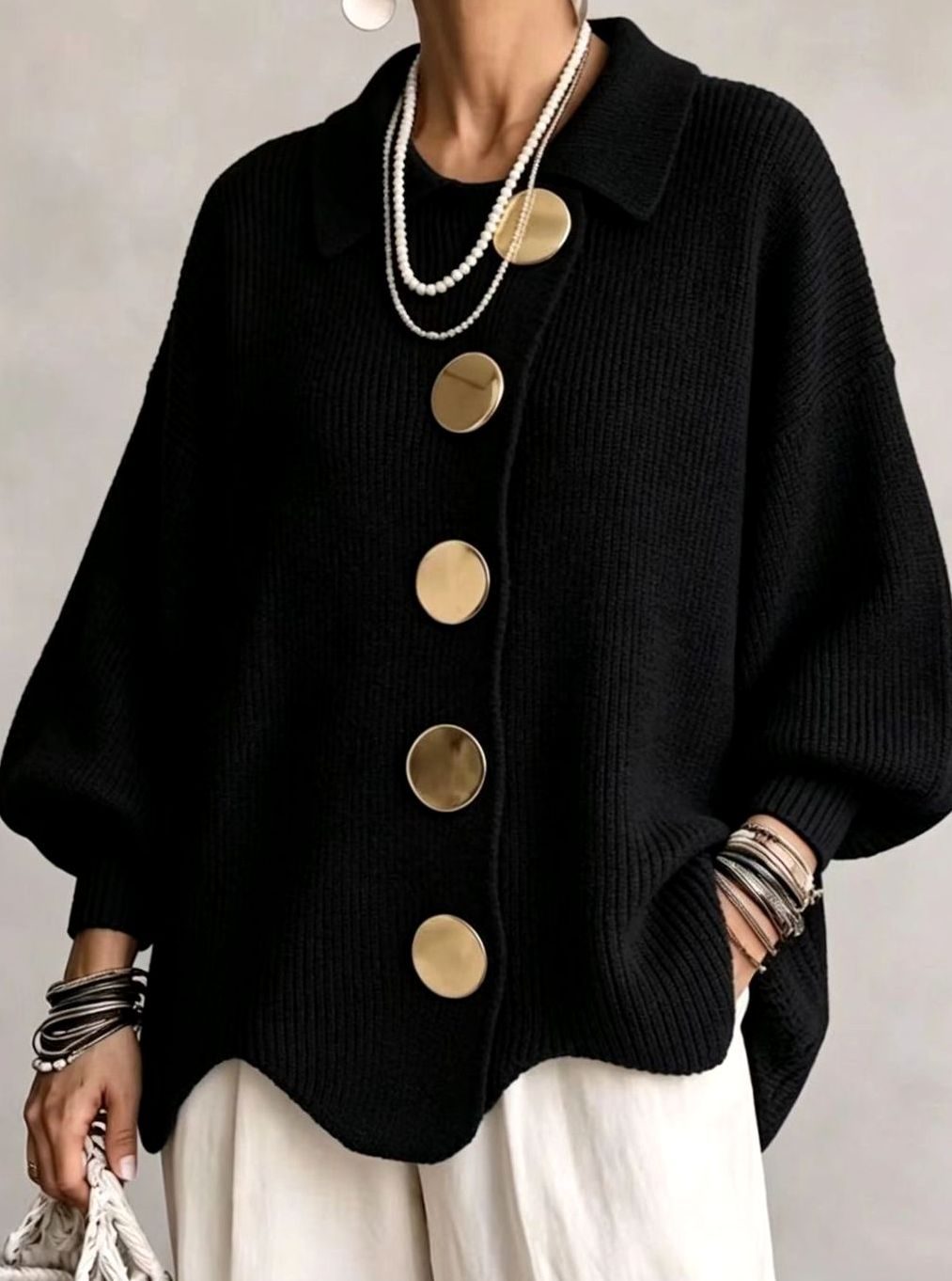 Dames Oversized Gebreide Cardigan Gouden Knopen Lantaarnmouwen - Zwart