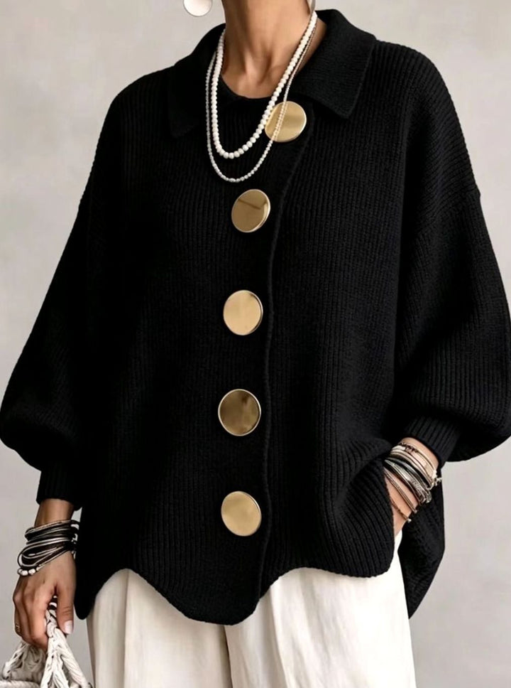 Dames Oversized Gebreide Cardigan Gouden Knopen Lantaarnmouwen - Zwart