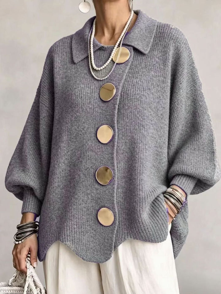 Dames Oversized Gebreide Cardigan Gouden Knopen Lantaarnmouwen - Grijs