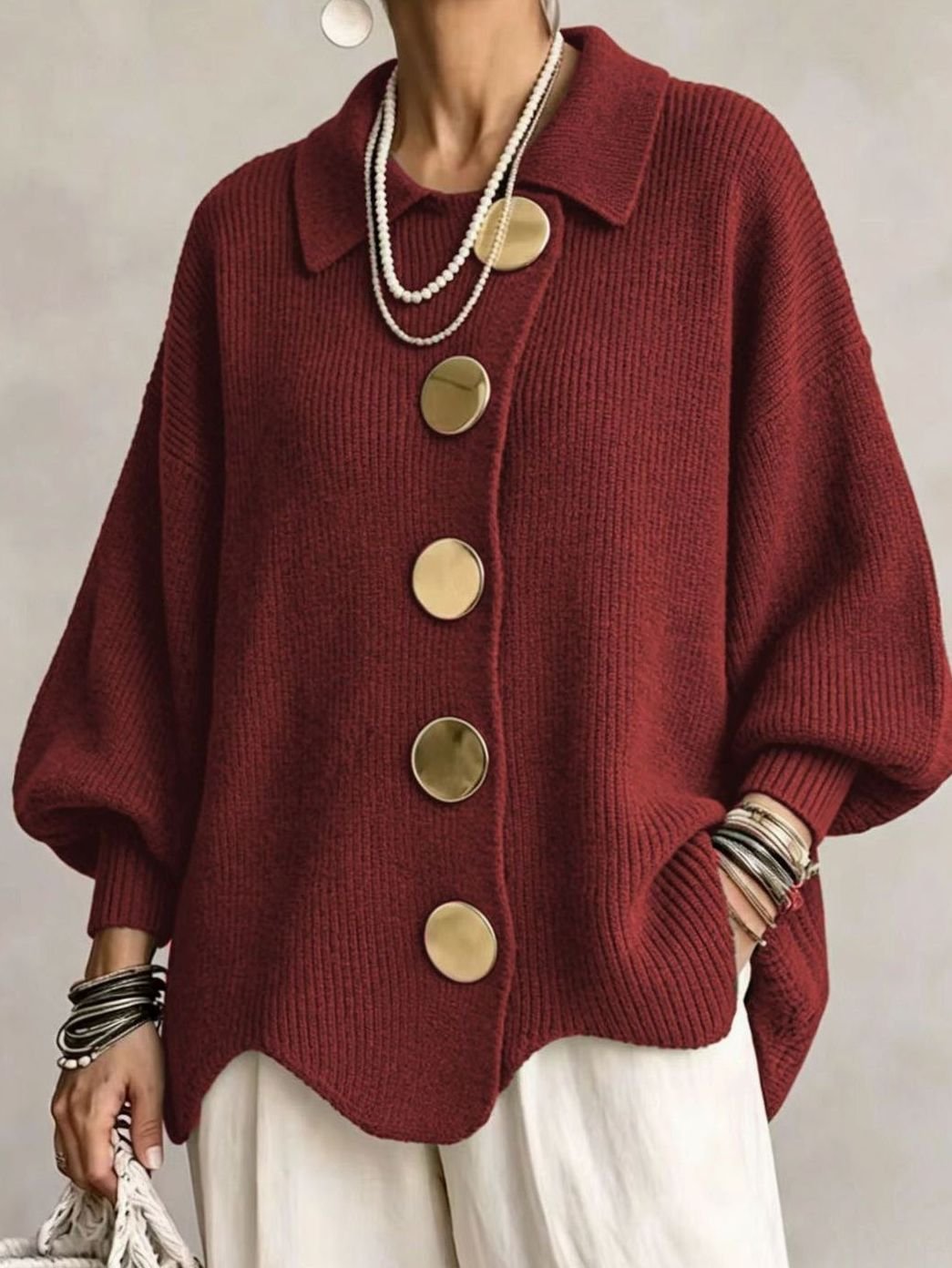 Dames Oversized Gebreide Cardigan Gouden Knopen Lantaarnmouwen - Rood