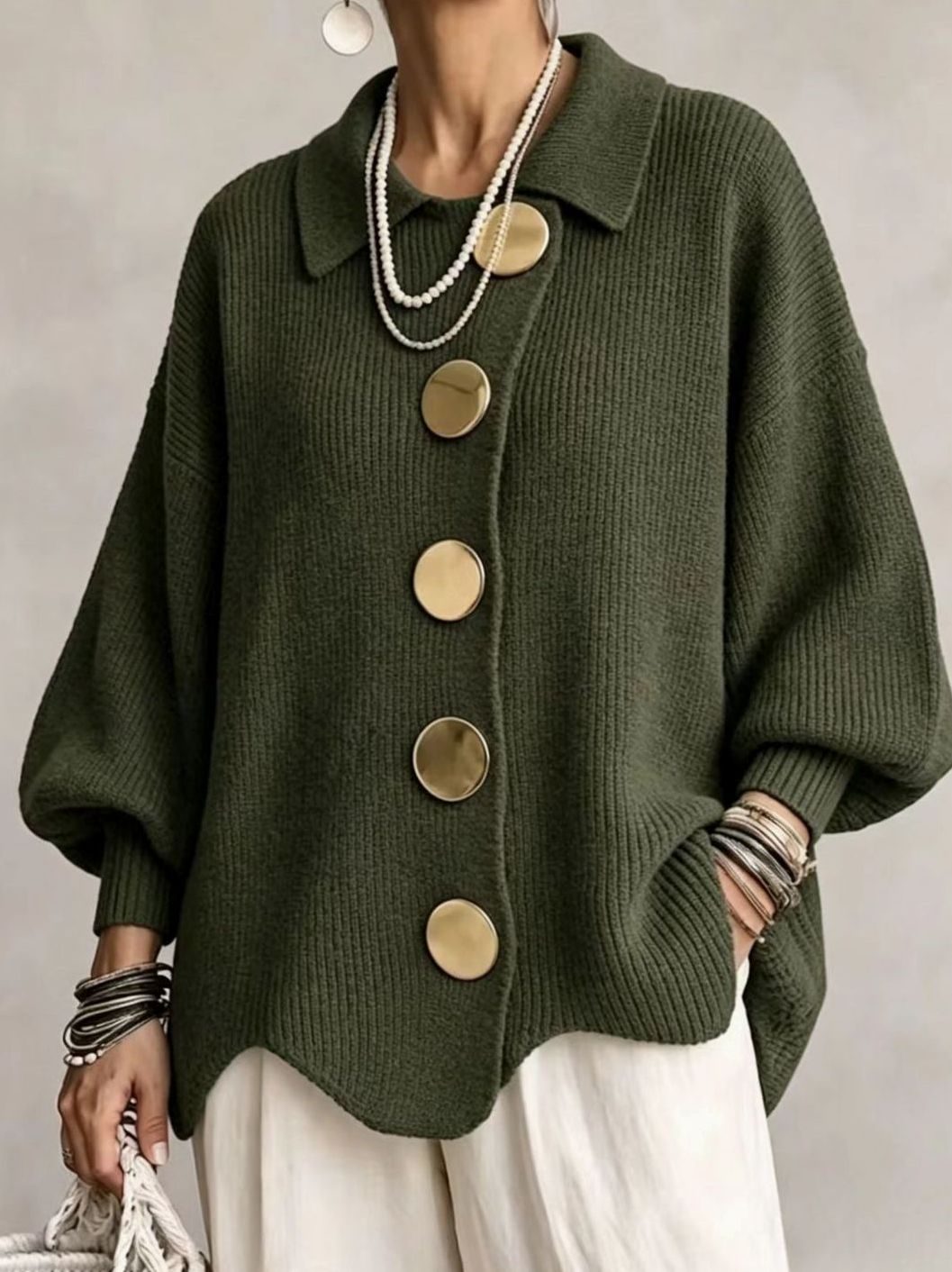 Dames Oversized Gebreide Cardigan Gouden Knopen Lantaarnmouwen - Olijfgroen