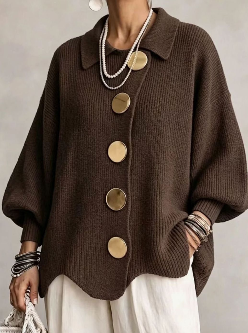 Dames Oversized Gebreide Cardigan Gouden Knopen Lantaarnmouwen - Mokka