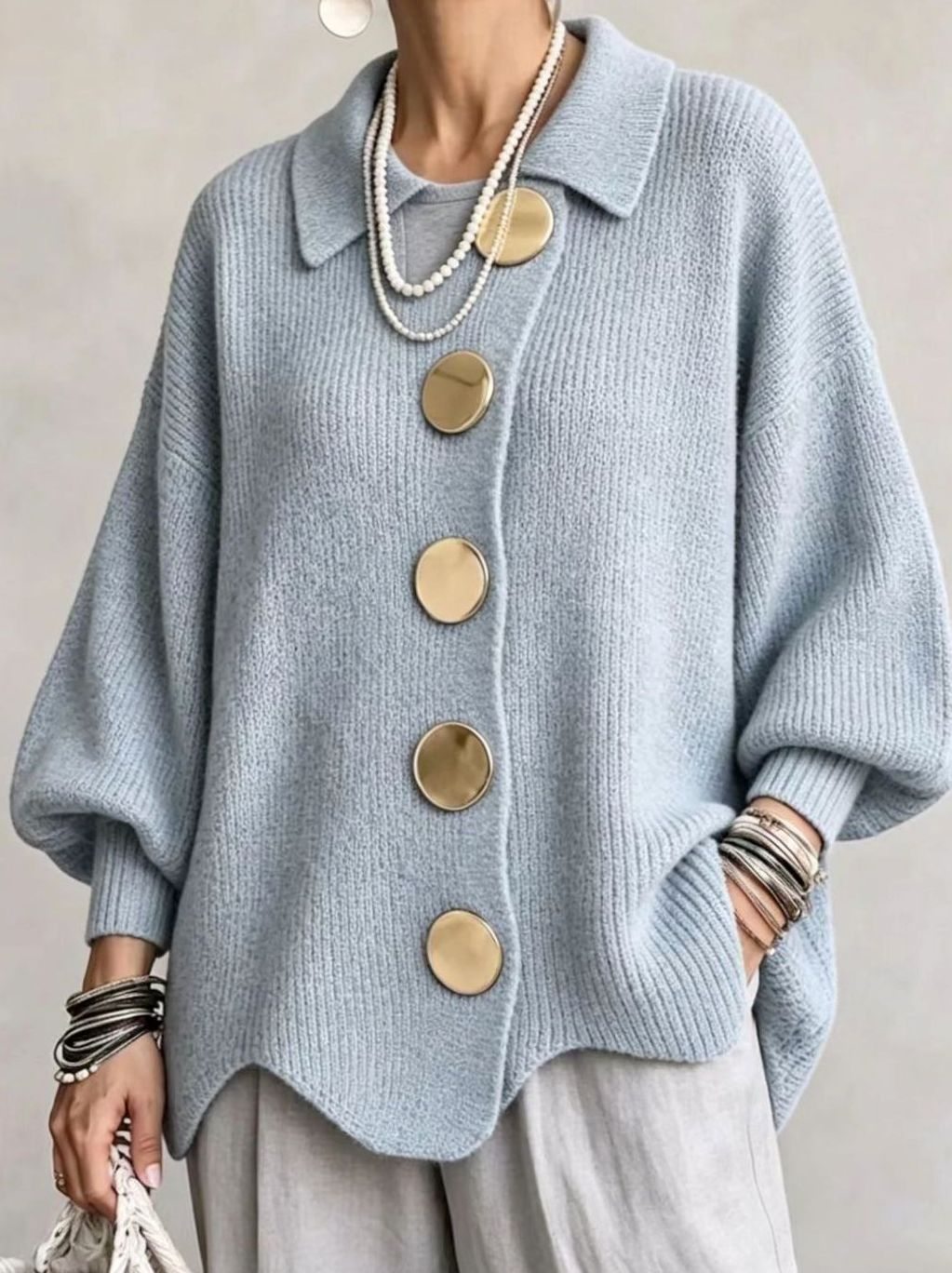 Dames Oversized Gebreide Cardigan Gouden Knopen Lantaarnmouwen - Hemelsblauw