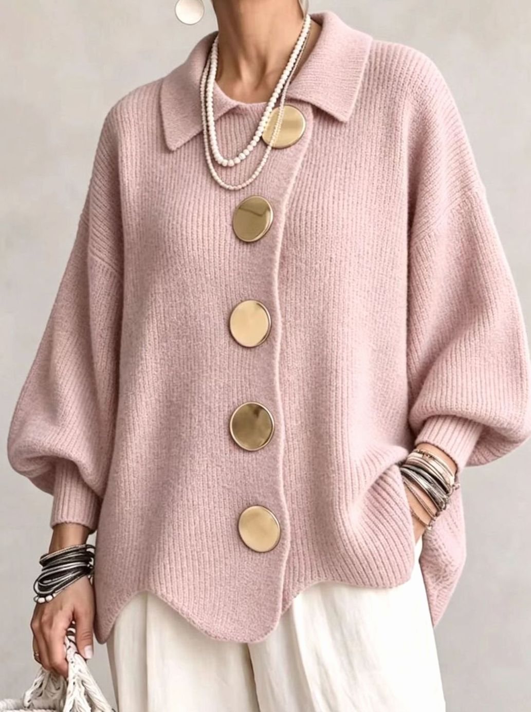 Dames Oversized Gebreide Cardigan Gouden Knopen Lantaarnmouwen - Poederroze