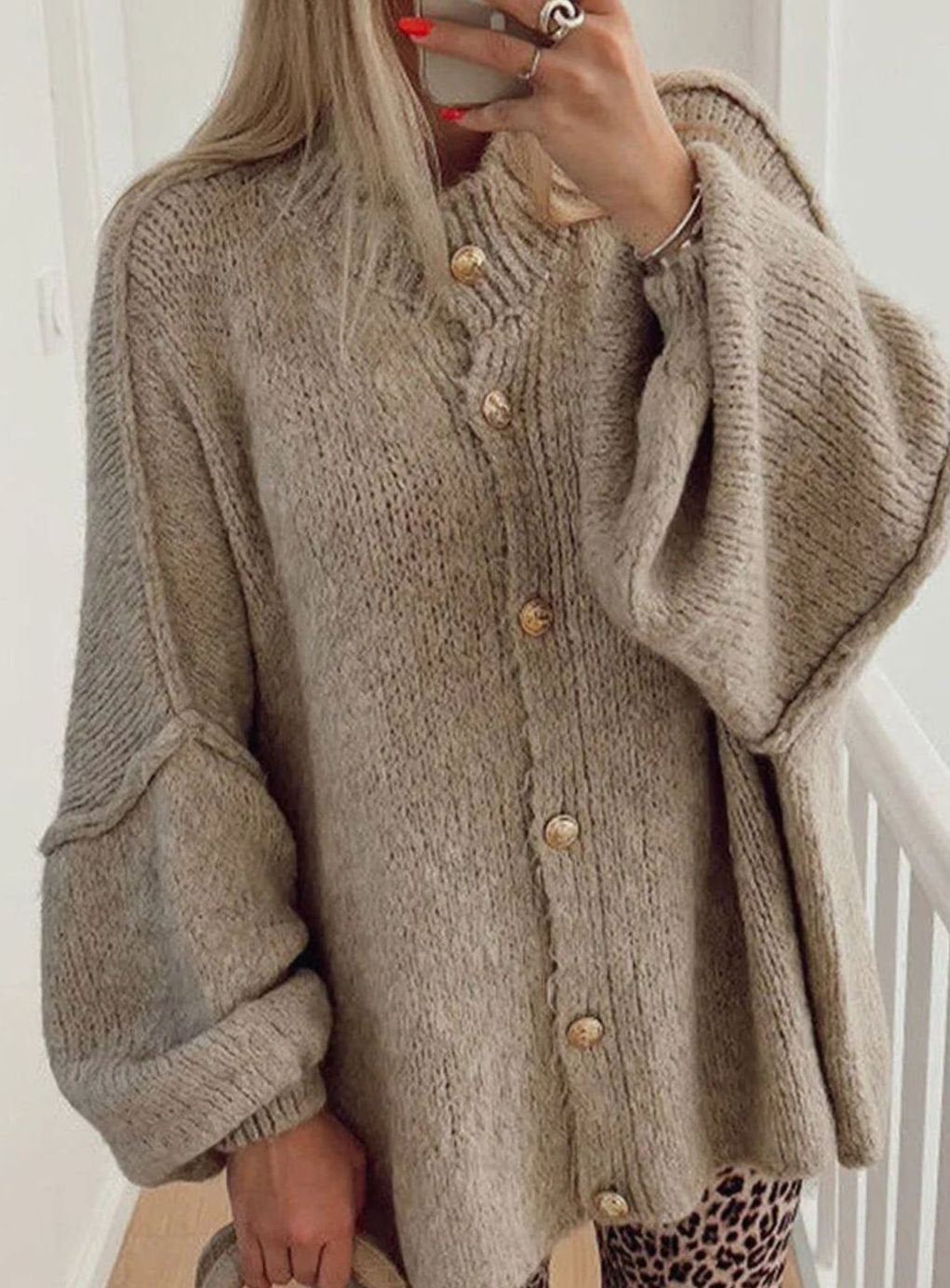 Dames Oversized Gebreide Cardigan met Gouden Knopen