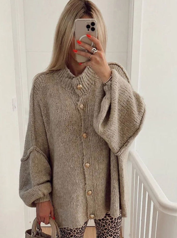 Dames Oversized Gebreide Cardigan met Gouden Knopen - Khaki