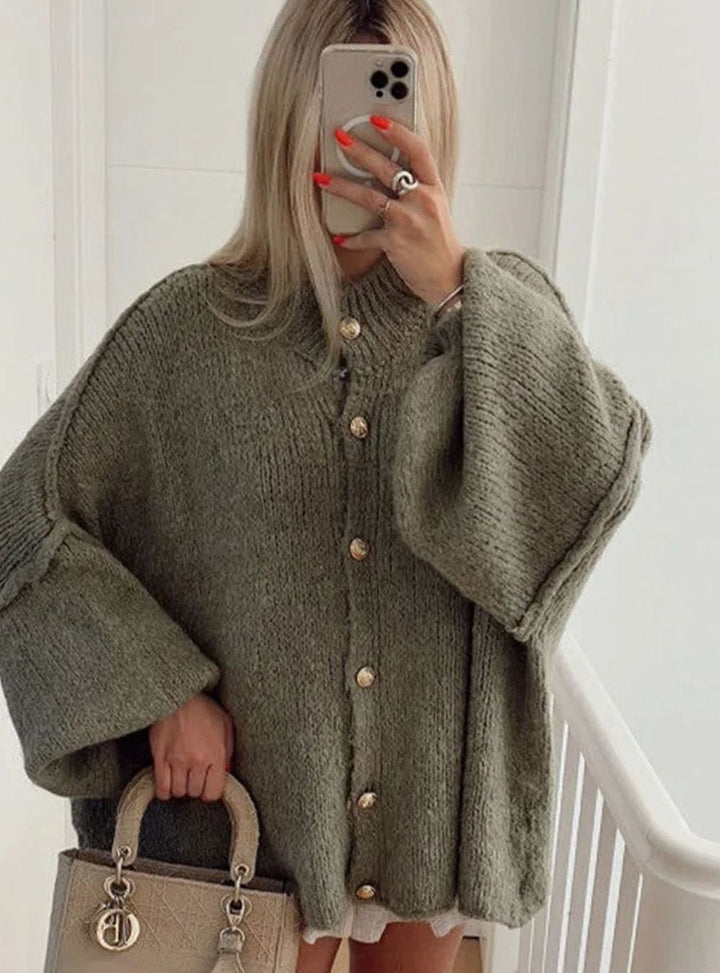Dames Oversized Gebreide Cardigan met Gouden Knopen - Groen
