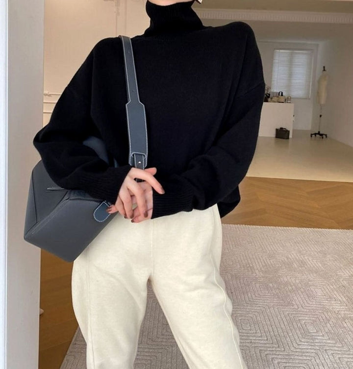 Dames Oversized Gebreide Coltrui Pullover - Zwart