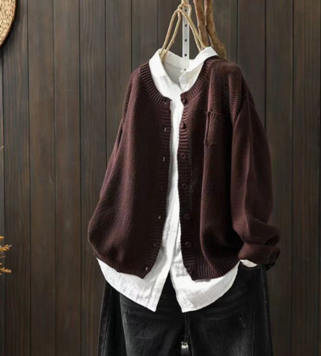 Dames Oversized Gebreide Knoop Cardigan - Donkerbruin