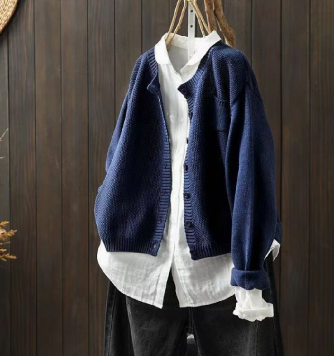 Dames Oversized Gebreide Knoop Cardigan - Donkerblauw