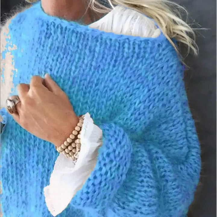 Dames Oversized Gebreide Pluizige Trui - Blue