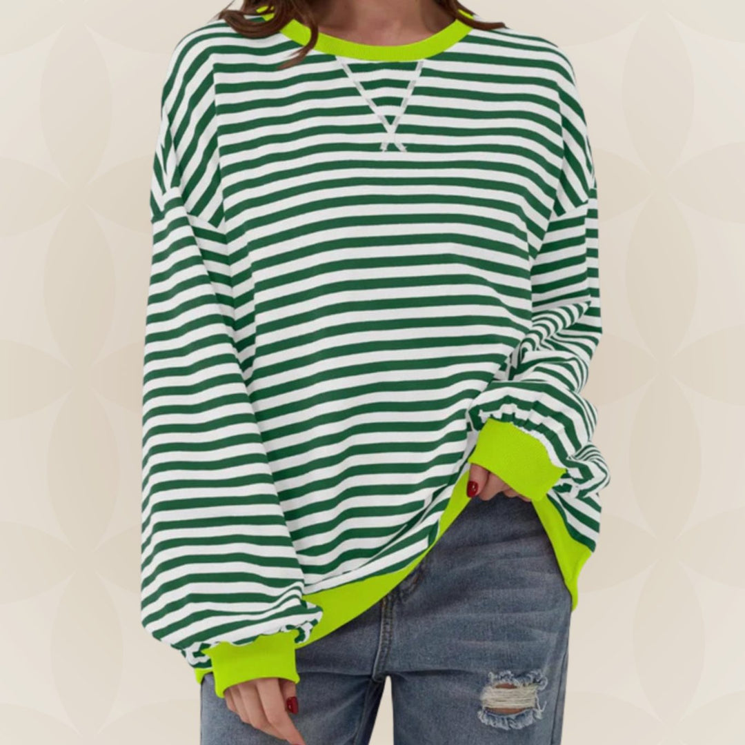 Dames Oversized Gebreide Trui Gestreept Ronde Hals Contrasterende Boorden - Groen