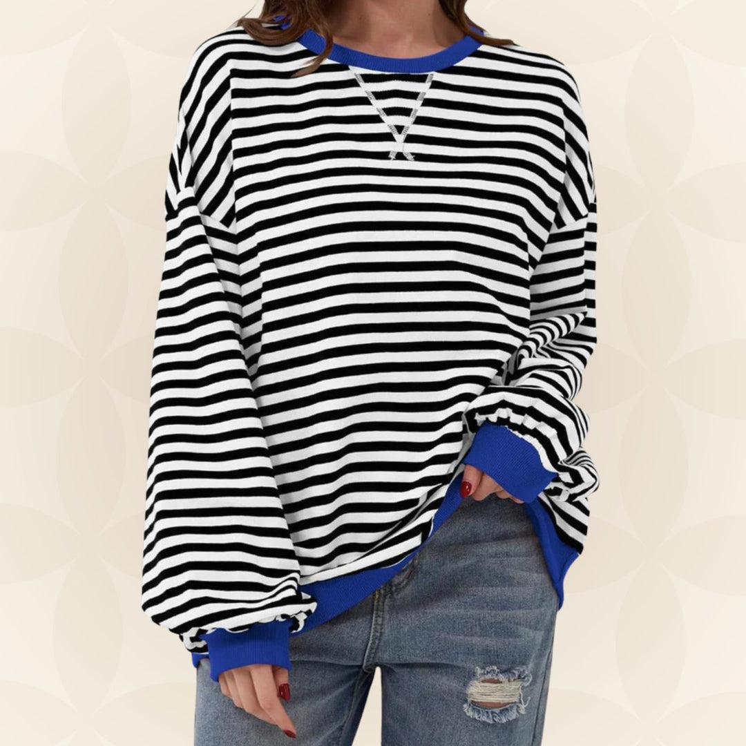 Dames Oversized Gebreide Trui Gestreept Ronde Hals Contrasterende Boorden - Zwart