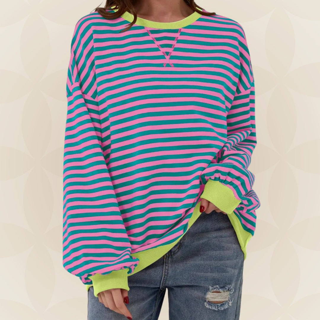 Dames Oversized Gebreide Trui Gestreept Ronde Hals Contrasterende Boorden - Roze