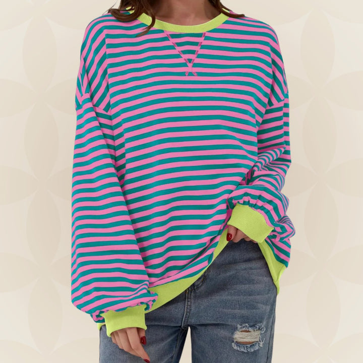 Dames Oversized Gebreide Trui Gestreept Ronde Hals Contrasterende Boorden - Roze