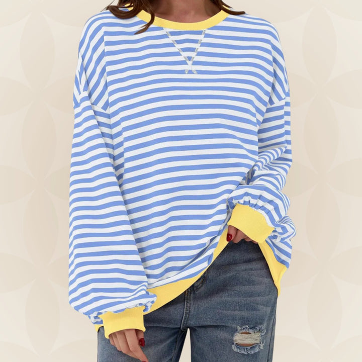 Dames Oversized Gebreide Trui Gestreept Ronde Hals Contrasterende Boorden - Lichtblauw