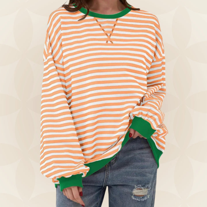 Dames Oversized Gebreide Trui Gestreept Ronde Hals Contrasterende Boorden - Oranje