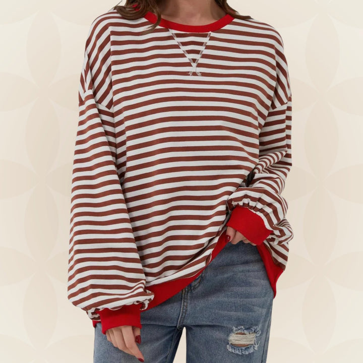 Dames Oversized Gebreide Trui Gestreept Ronde Hals Contrasterende Boorden - Rood