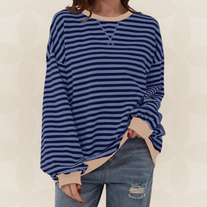 Dames Oversized Gebreide Trui Gestreept Ronde Hals Contrasterende Boorden - Donkerblauw