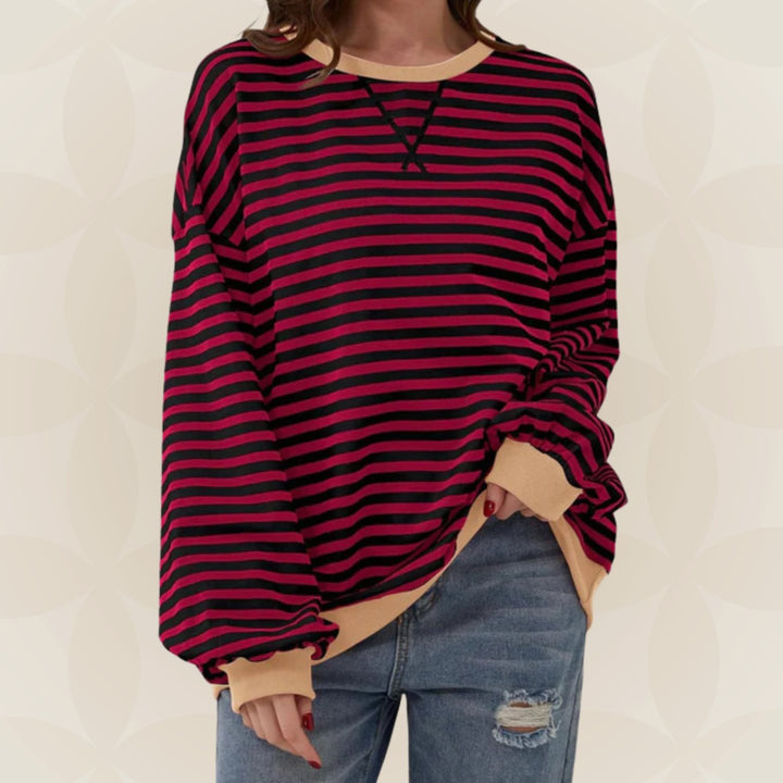 Dames Oversized Gebreide Trui Gestreept Ronde Hals Contrasterende Boorden - Donkerrood