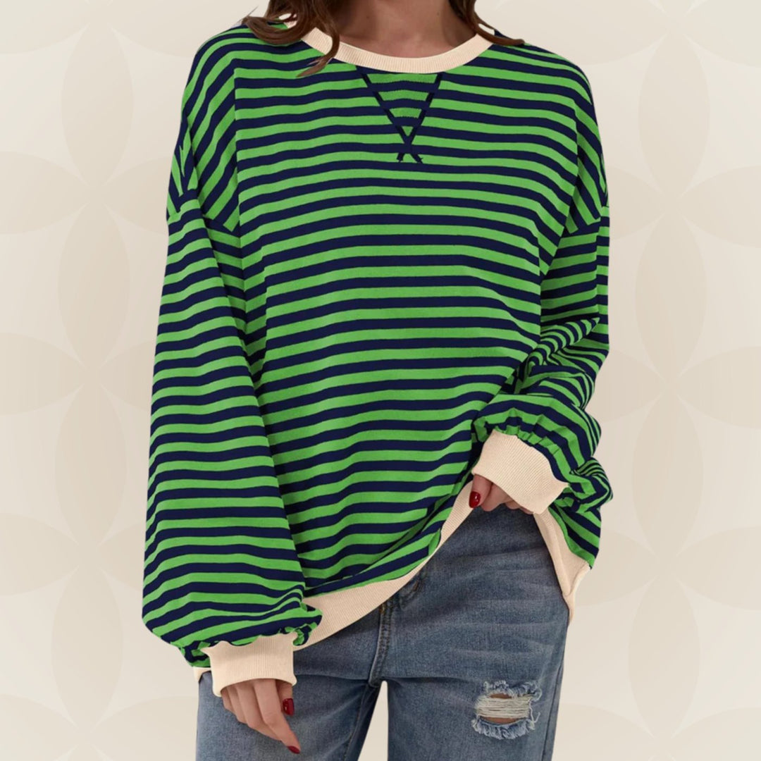Dames Oversized Gebreide Trui Gestreept Ronde Hals Contrasterende Boorden - Donkergroen