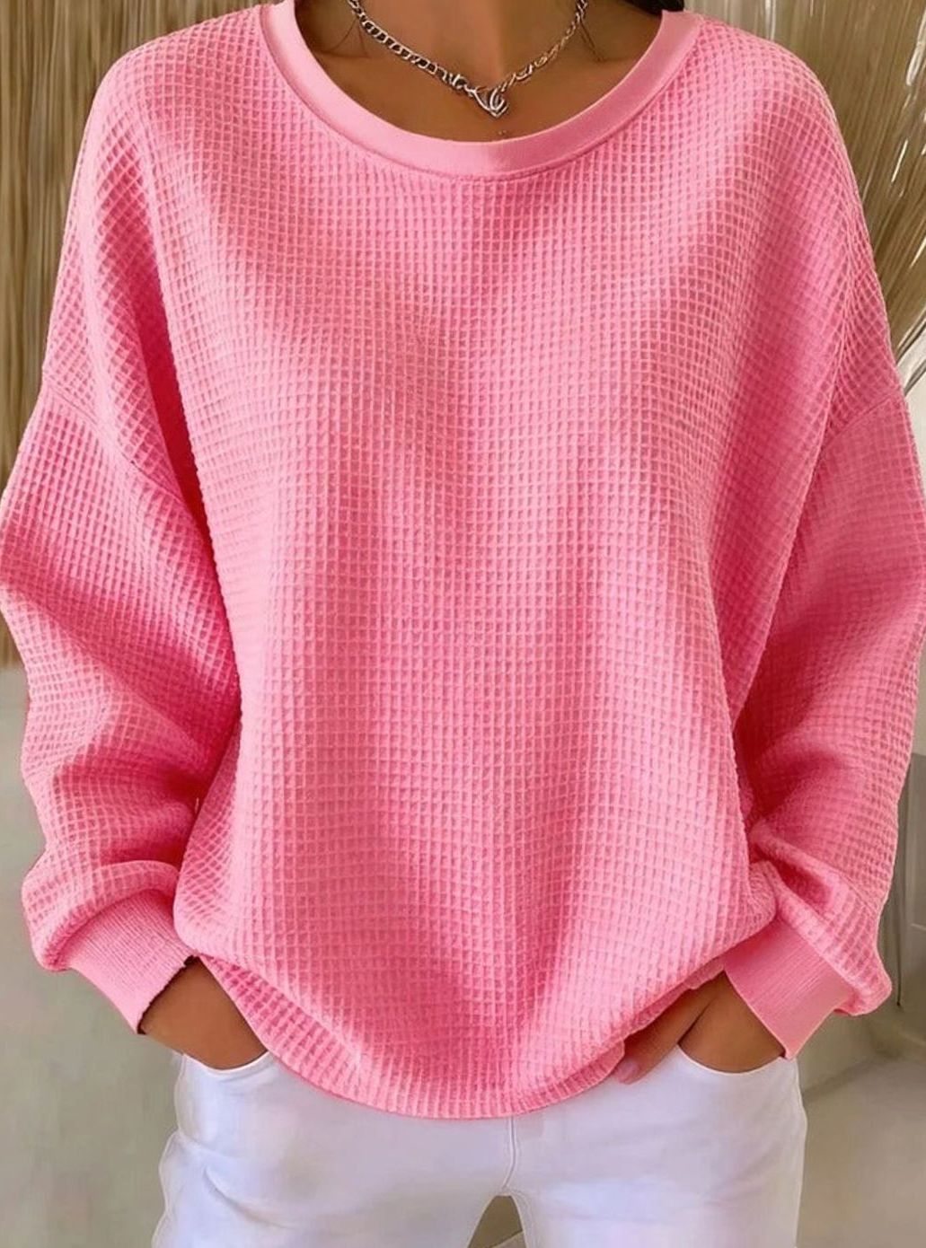 Dames Oversized Gebreide Trui met Wafelstructuur Ronde Hals - Roze