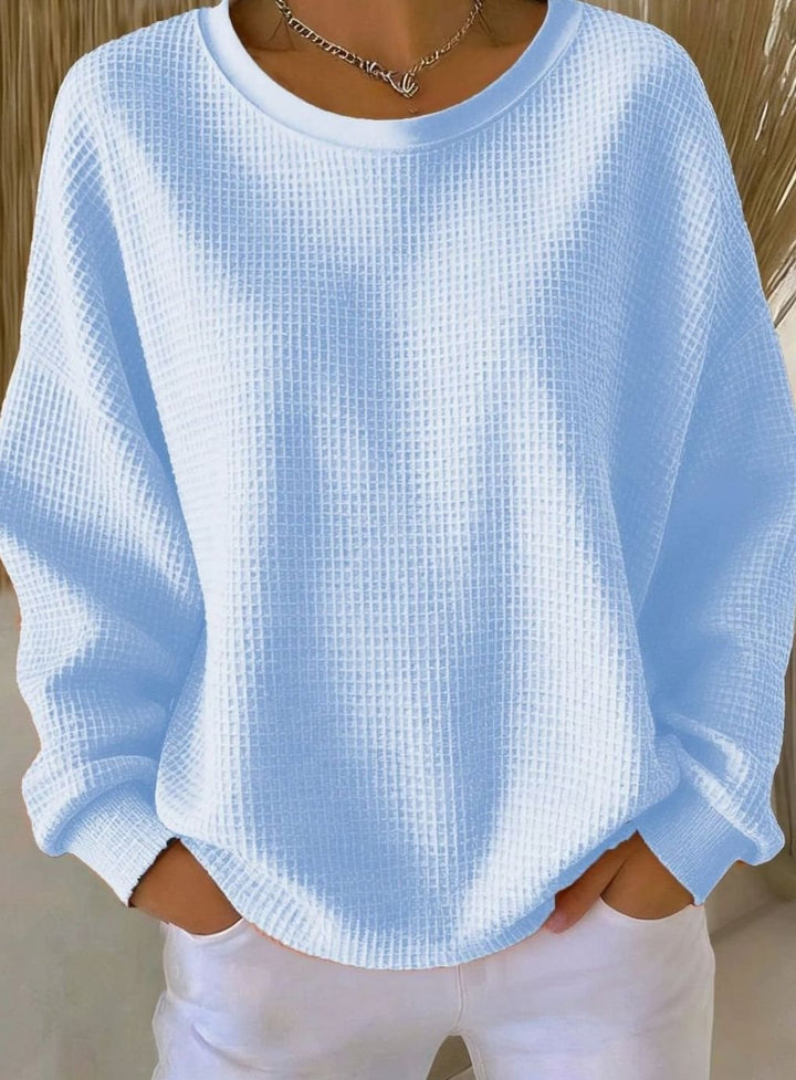 Dames Oversized Gebreide Trui met Wafelstructuur Ronde Hals - Lichtblauw