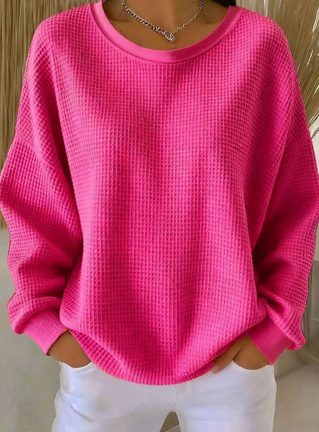 Dames Oversized Gebreide Trui met Wafelstructuur Ronde Hals - Donkerroze