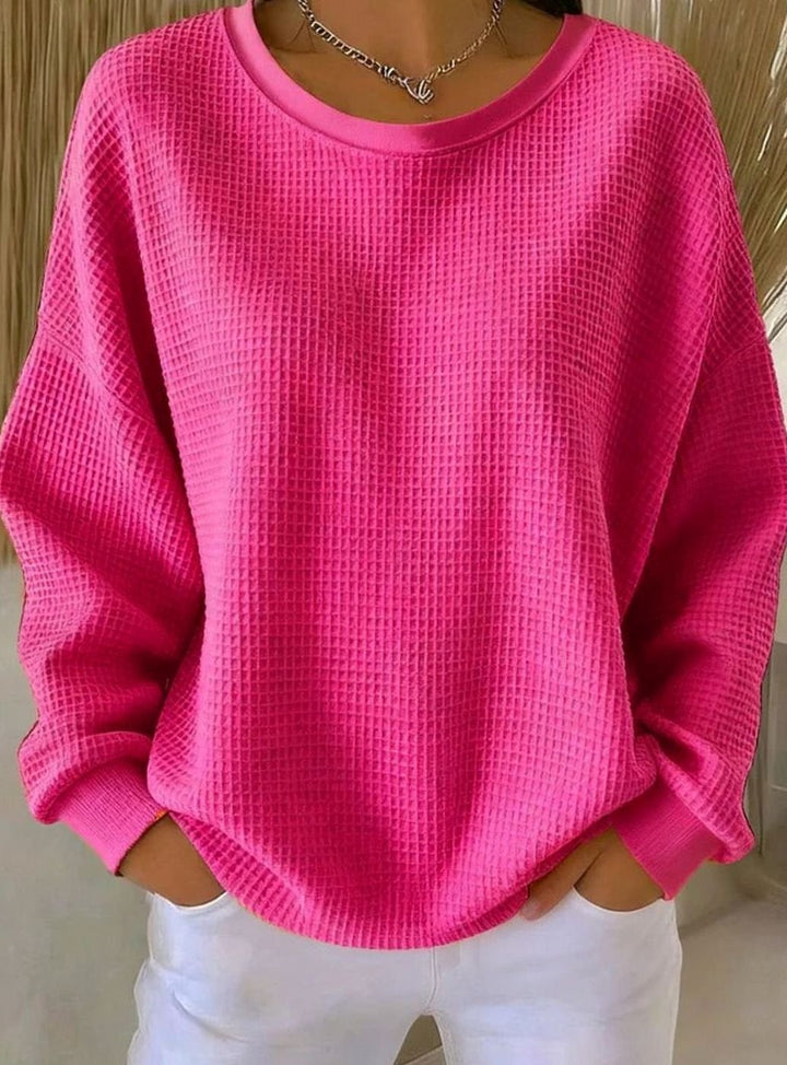 Dames Oversized Gebreide Trui met Wafelstructuur Ronde Hals - Donkerroze
