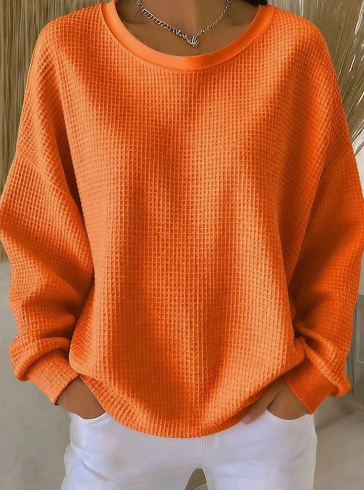 Dames Oversized Gebreide Trui met Wafelstructuur Ronde Hals - Oranje