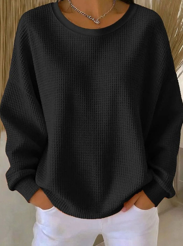 Dames Oversized Gebreide Trui met Wafelstructuur Ronde Hals - Zwart