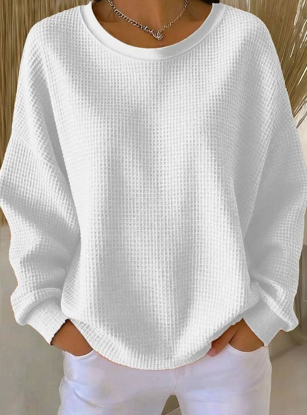 Dames Oversized Gebreide Trui met Wafelstructuur Ronde Hals - Wit