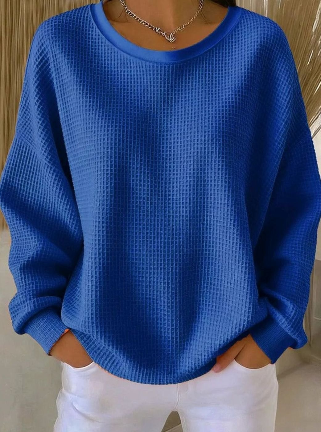 Dames Oversized Gebreide Trui met Wafelstructuur Ronde Hals - Blauw