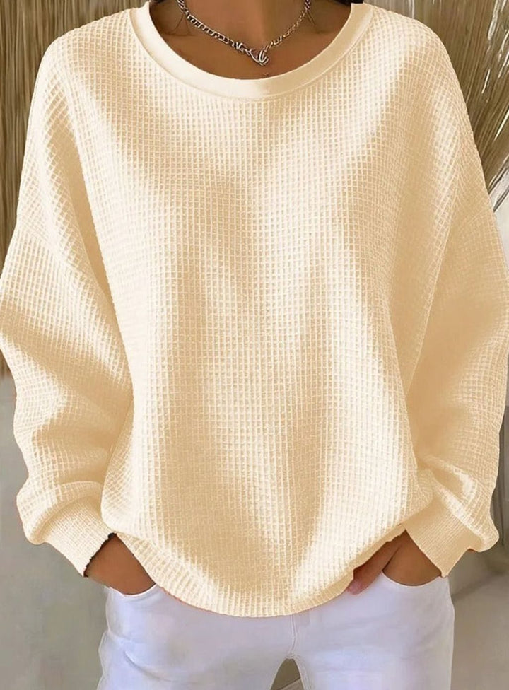 Dames Oversized Gebreide Trui met Wafelstructuur Ronde Hals - Beige