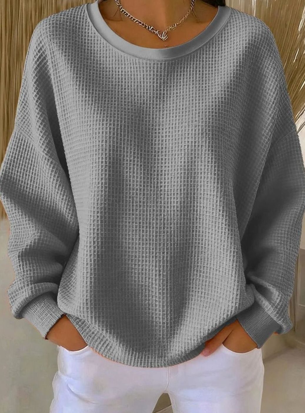Dames Oversized Gebreide Trui met Wafelstructuur Ronde Hals - Grijs