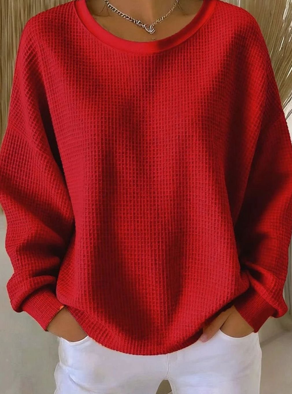 Dames Oversized Gebreide Trui met Wafelstructuur Ronde Hals - Rood