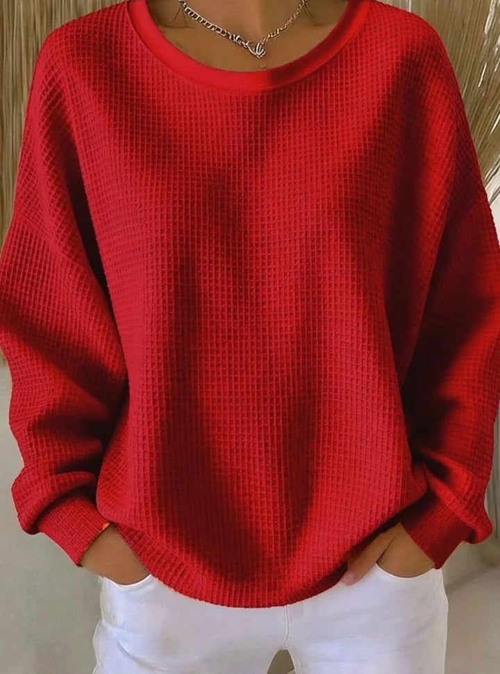 Dames Oversized Gebreide Trui met Wafelstructuur Ronde Hals - Rood