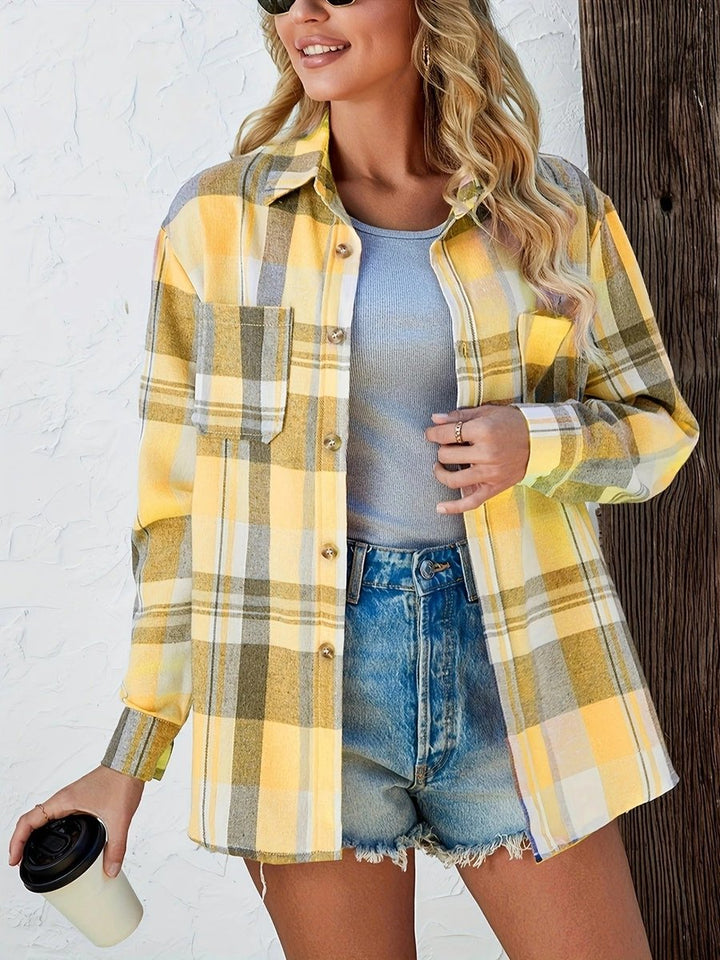Dames Oversized Geruit Flanel Lange Mouw Cardigan Blouse