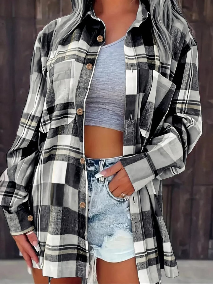 Dames Oversized Geruit Flanel Lange Mouw Cardigan Blouse - Black