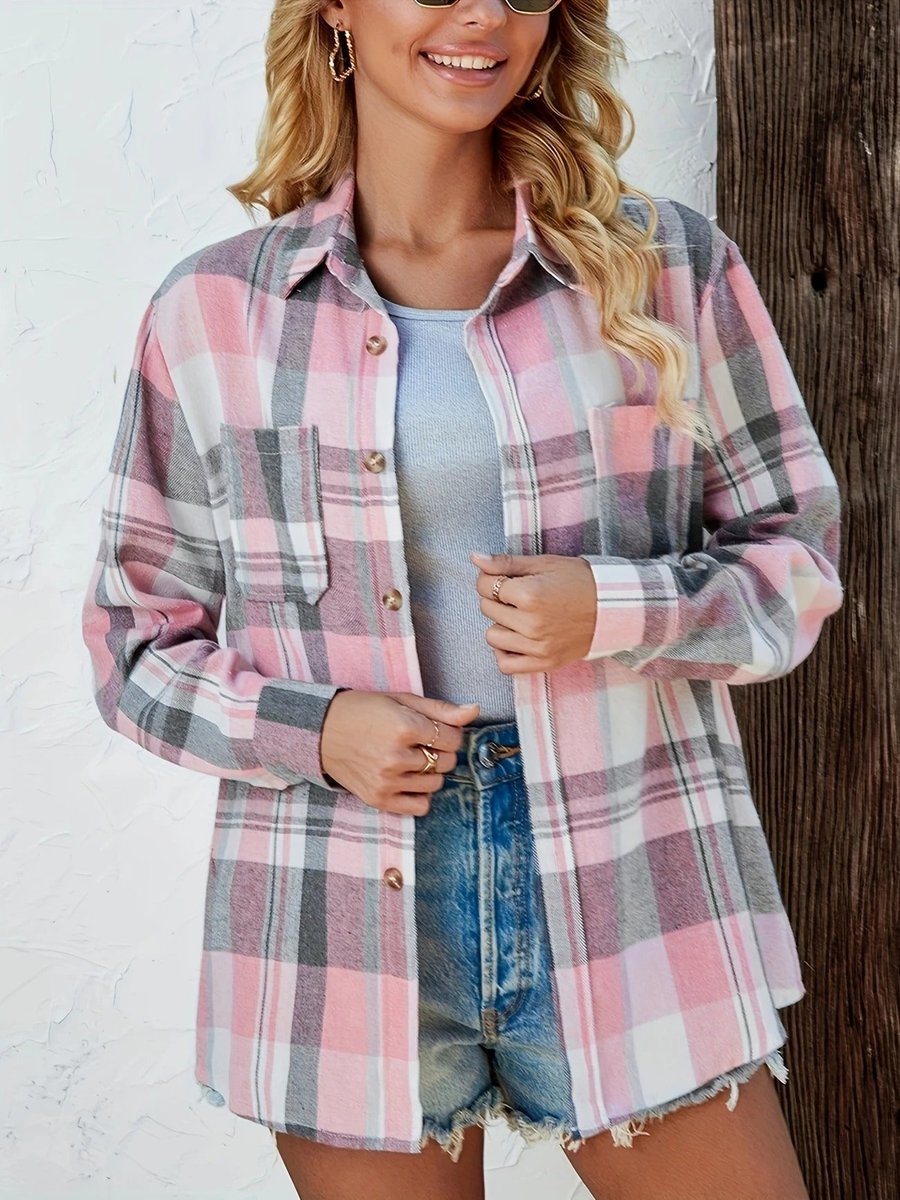 Dames Oversized Geruit Flanel Lange Mouw Cardigan Blouse