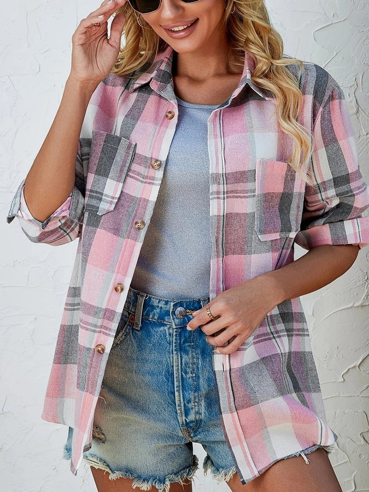 Dames Oversized Geruit Flanel Lange Mouw Cardigan Blouse